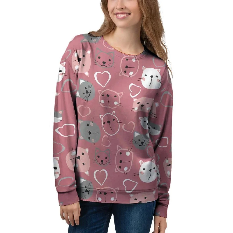 Pink Cat Face Print Women's Sweatshirt Hoodie with Front Slit Layering Stylish