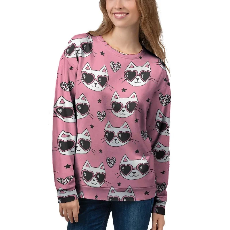 Pink Cat Print Women's Sweatshirt Hoodie with High-Low Hem Asymmetrical Trendy
