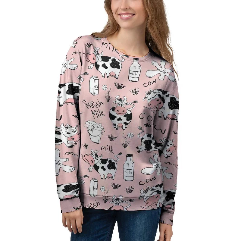 Pink Cow And Milk Print Women's Sweatshirt Hoodie with Exposed Zipper Edgy Industrial Pink Cow And Milk Print Women's Sweatshirt Hoodie with Exposed Zipper Edgy Industrial