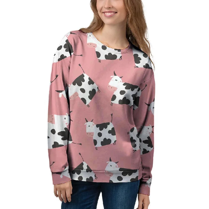 Pink Cow Pattern Print Women's Sweatshirt Hoodie with Button Placket Classic Preppy
