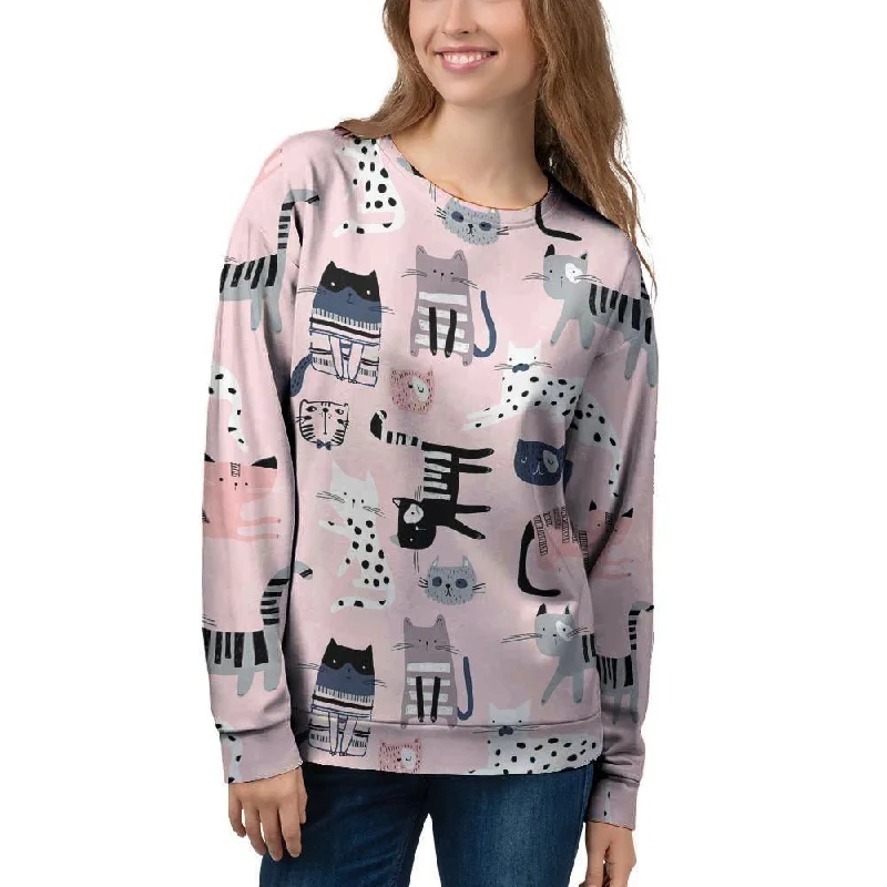 Pink Cute Cat Print Women's Sweatshirt Hoodie with Ribbed Neckline Snug Warm