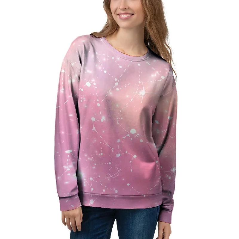 Pink Galaxy Stardust Women's Sweatshirt Hoodie with Rolled Sleeves Casual Relaxed