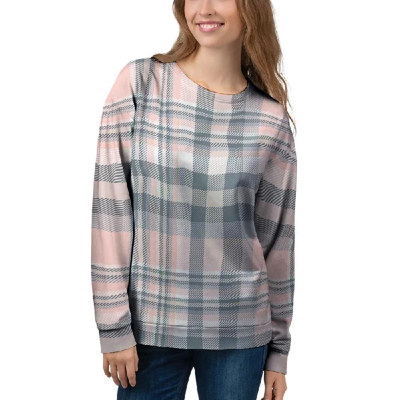 Pink Grey Plaid Tartan Women's Sweatshirt Hoodie with Drop Shoulder Relaxed Streetwear