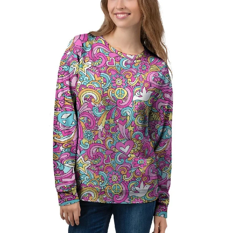 Pink Hippie Psychedelic Women's Sweatshirt Hoodie with Frayed Bohemian Relaxed