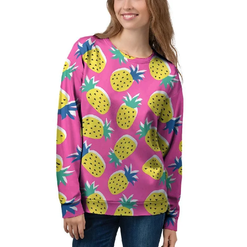 Pink Pineapple Print Women's Sweatshirt Hoodie with Ribbed Cuffs Snug Fit Comfort