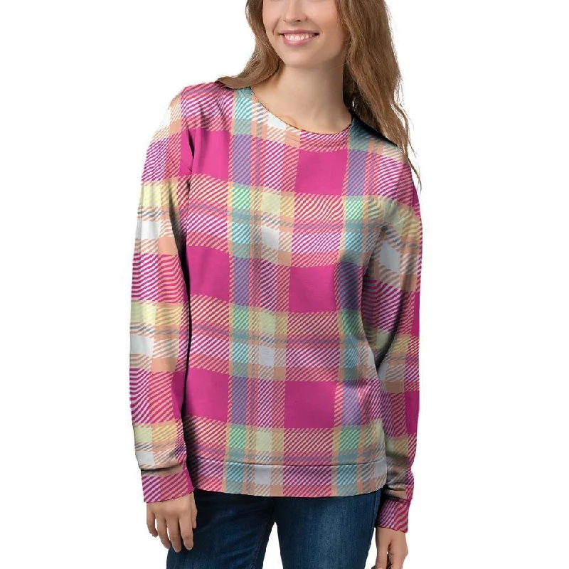 Pink Plaid Tartan Print Women's Sweatshirt Hoodie Dress Longline Feminine
