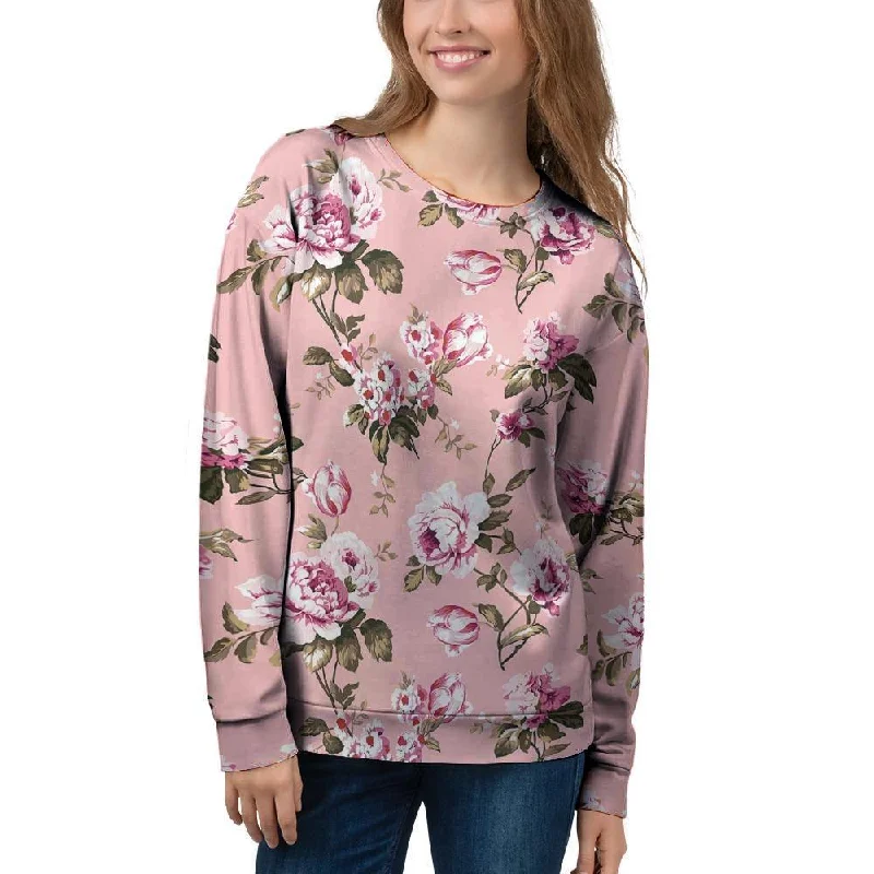 Pink Rose Floral Print Women's Sweatshirt Hoodie with Hem Fringe Bohemian Relaxed