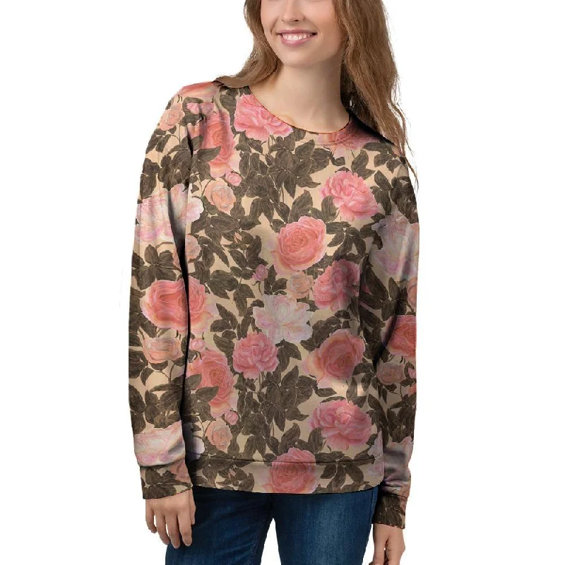Pink Rose Floral Women's Sweatshirt Hoodie with Hem Raw Edge Edgy Unfinished