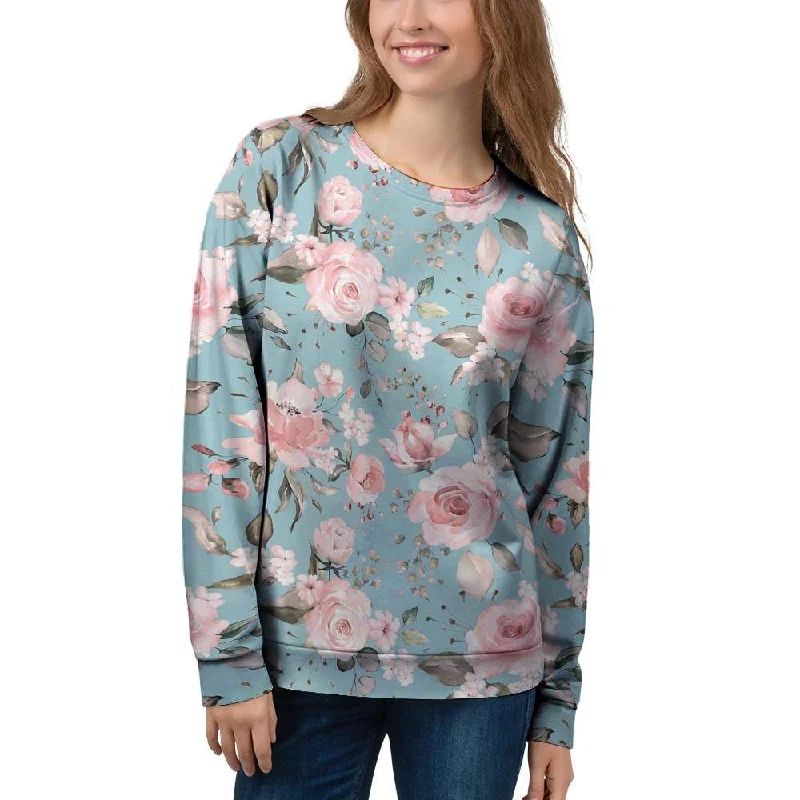 Pink Rose Flower Print Women's Sweatshirt Hoodie with Front Slit Layering Stylish