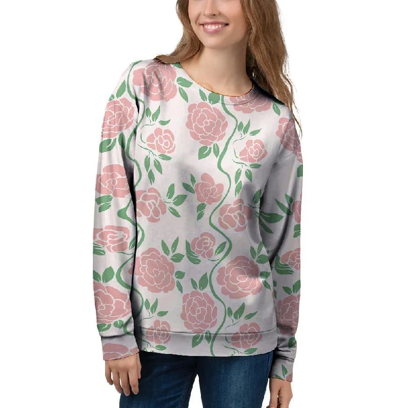 Pink Rose Flower Women's Sweatshirt Hoodie with Hem Ribbing Snug Secure