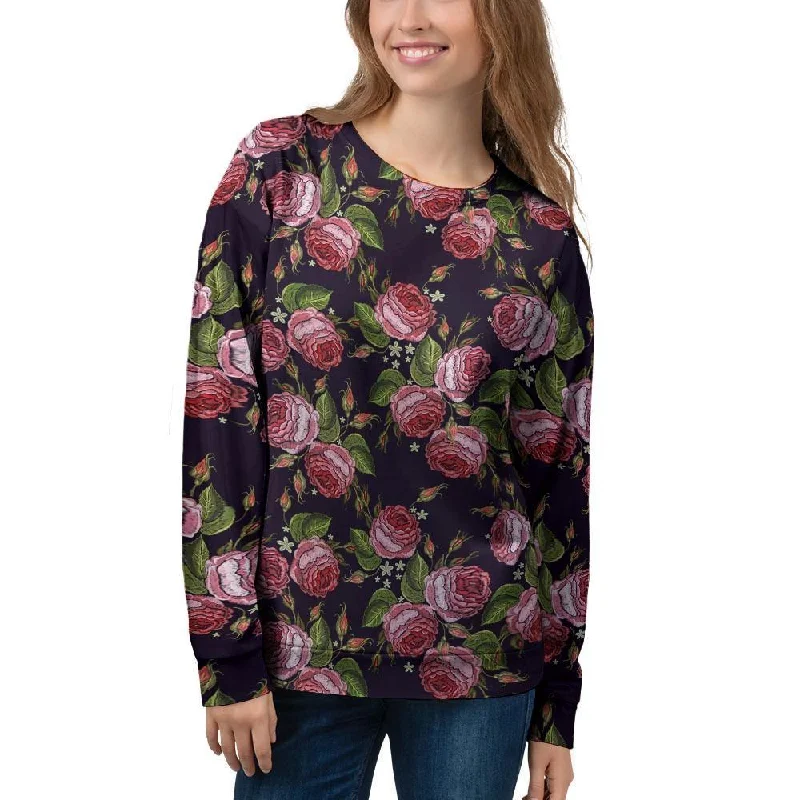 Pink Rose Print Women's Sweatshirt Hoodie with High-Low Hem Asymmetrical Trendy