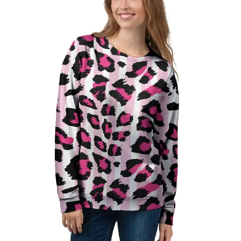 Pink Striped Leopard Women's Sweatshirt Hoodie with Exposed Zipper Edgy Industrial