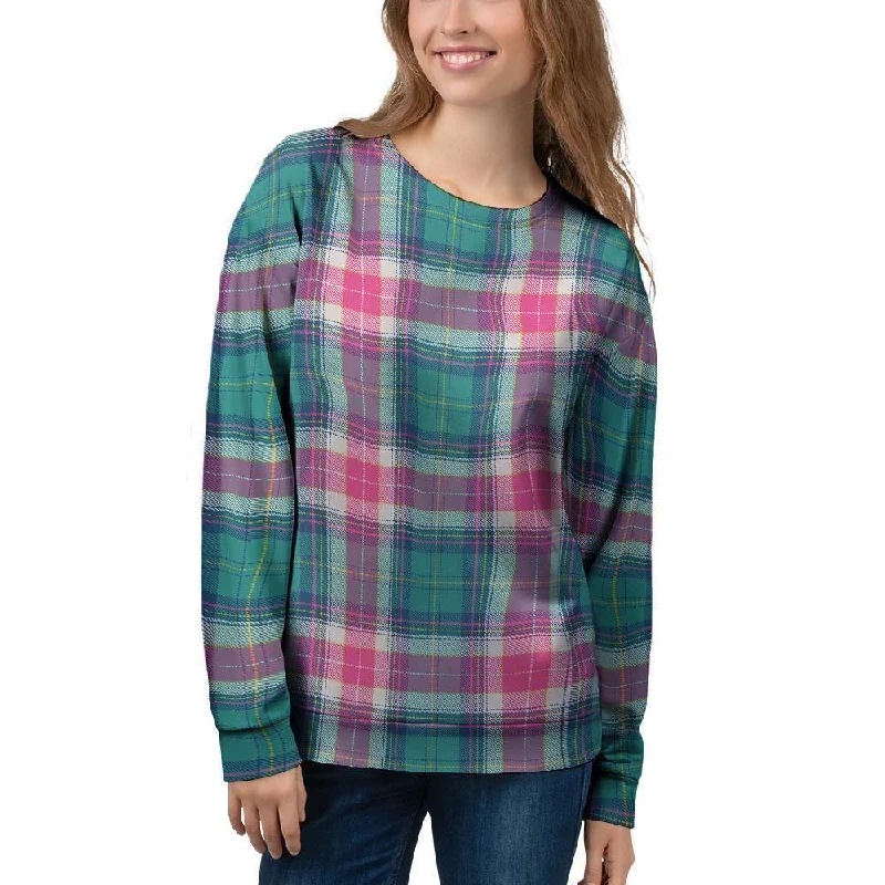 Pink Teal Plaid Tartan Women's Sweatshirt Hoodie with High Neck Warm Protective