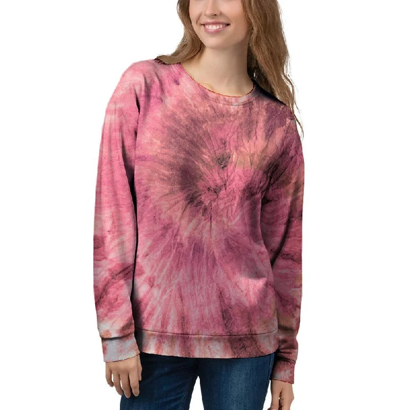 Pink Tie Dye Print Women's Sweatshirt Hoodie with Rolled Sleeves Casual Relaxed