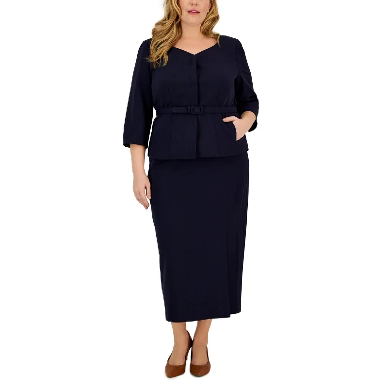 Plus Womens 2PC Belted Skirt Suit corduroy skirt textured