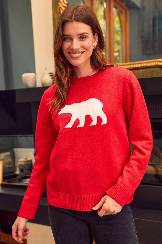 Merino Wool Polar Bear Jumper | Red/Cream Glossy Satin Silk