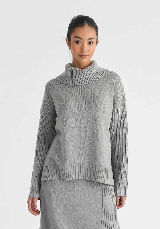 Polo Neck Jumper with Ribbed Details Mesh Fabric Canvas Fabric Denim Fabric