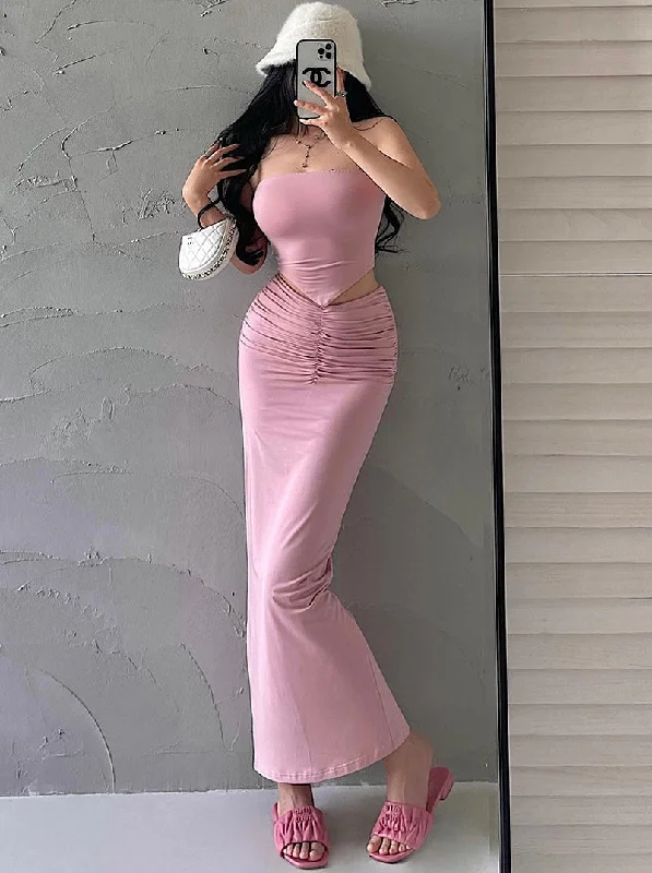 Presila Solid Color Sleeveless Slim Bandeau Tube Top + Solid Color Pleated High V-Waist Back Slit Long Slim Skirt Matching Set wool skirt breathable