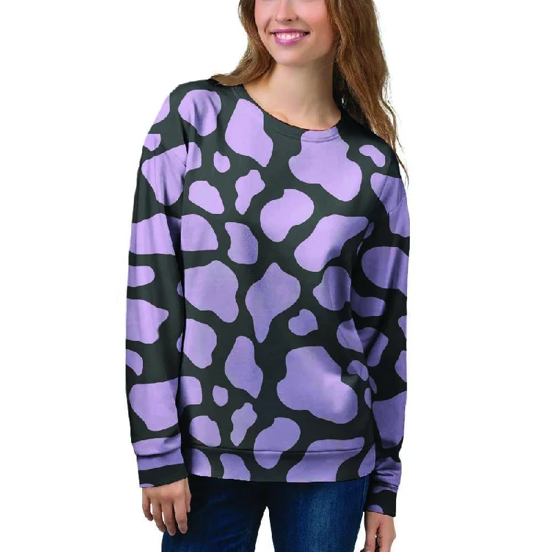 Purple And Black Cow Print Women's Sweatshirt Hoodie with Back Slit Movement Comfort Purple And Black Cow Print Women's Sweatshirt Hoodie with Back Slit Movement Comfort