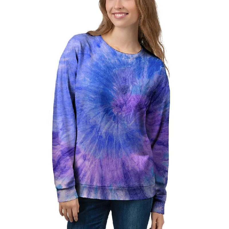 Purple And Blue Tie Dye Women's Sweatshirt Hoodie with Side Slits Relaxed Casual