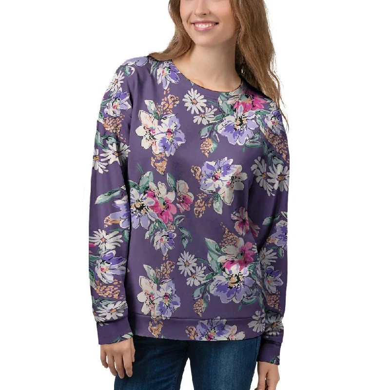 Purple Floral Print Women's Sweatshirt Hoodie with Drawstring Waist Adjustable Fitted Purple Floral Print Women's Sweatshirt Hoodie with Drawstring Waist Adjustable Fitted