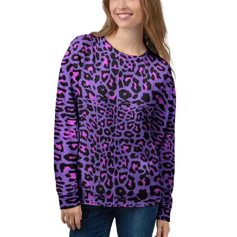 Purple Leopard Women's Sweatshirt Hoodie with Snap Buttons Easy Quick