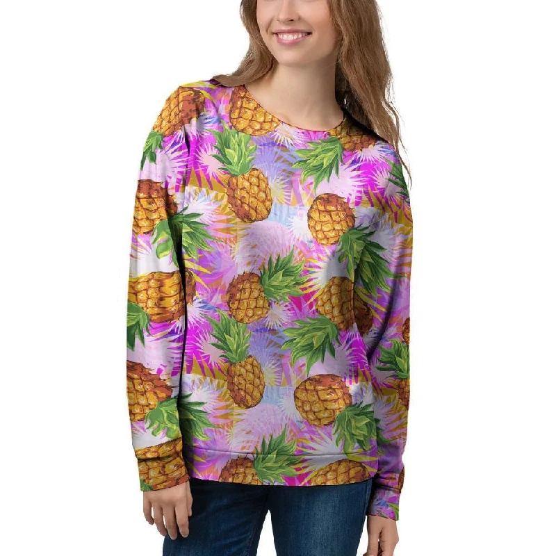 Purple Neon Pineapple Hawaiian Print Women's Sweatshirt Hoodie with Zipper Placket Modern Functional Purple Neon Pineapple Hawaiian Print Women's Sweatshirt Hoodie with Zipper Placket Modern Functional