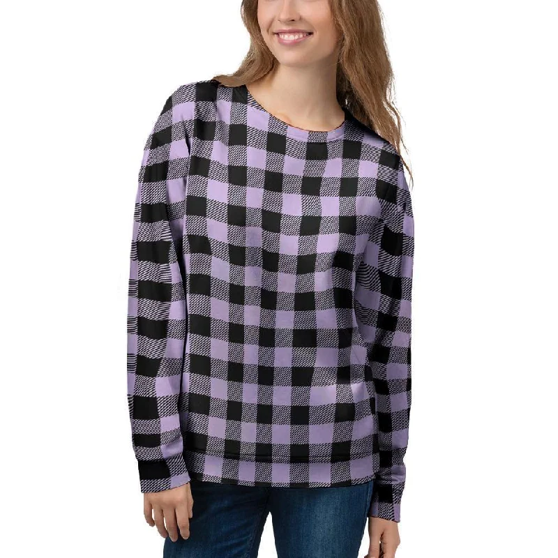 Purple Violet Plaid Women's Sweatshirt Hoodie with Drop Shoulder Relaxed Streetwear