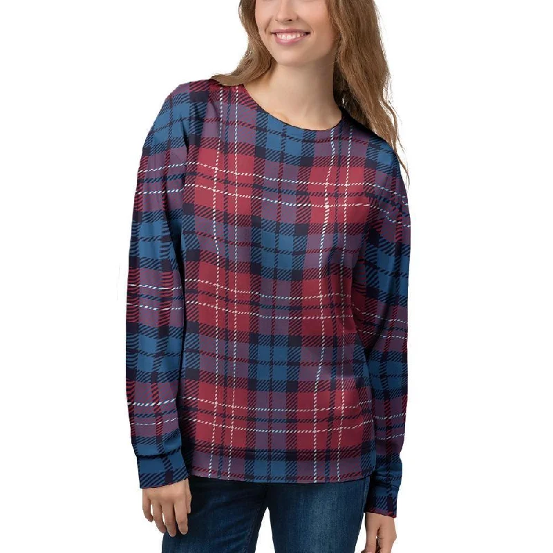 Red And Blue Plaid Tartan Women's Sweatshirt Hoodie with Drawcord Adjustable Secure