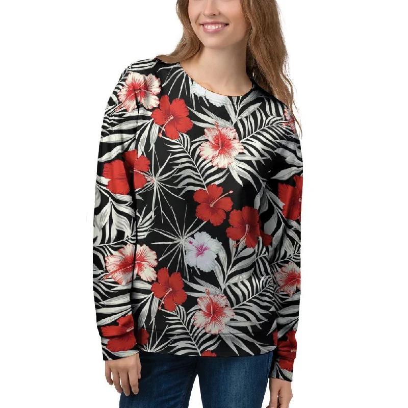 Red And White Hibiscus Flowers Hawaiian Print Women's Sweatshirt Hoodie Dress Longline Feminine Red And White Hibiscus Flowers Hawaiian Print Women's Sweatshirt Hoodie Dress Longline Feminine