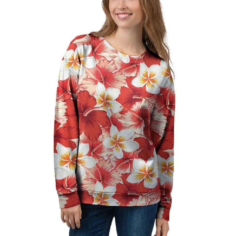 Red And White Hibiscus Hawaiian Print Women's Sweatshirt Graphic Hoodie Design Print Red And White Hibiscus Hawaiian Print Women's Sweatshirt Graphic Hoodie Design Print
