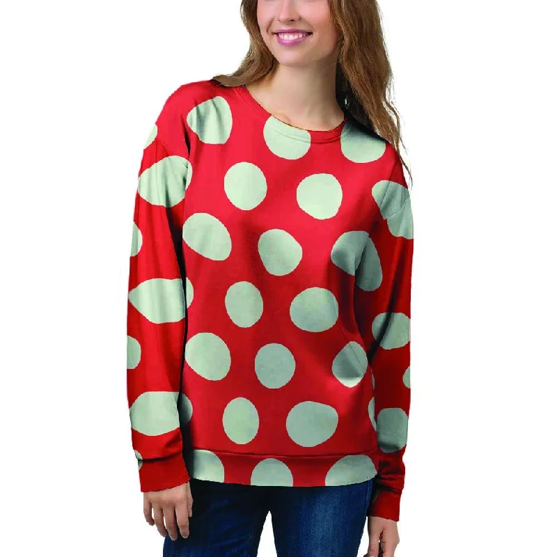 Red And White Polka Dot Women's Sweatshirt Zip Hoodie Drawstring Kangaroo Pocket