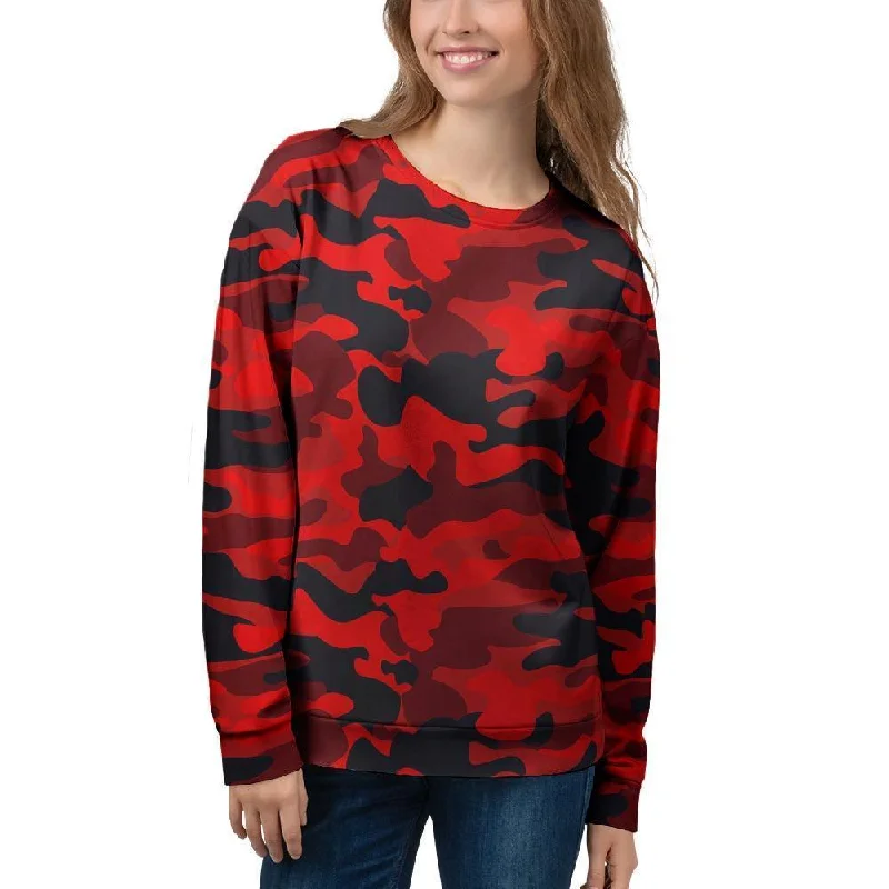 Red Camo Print Women's Sweatshirt Hoodie with Hem Fringe Bohemian Relaxed