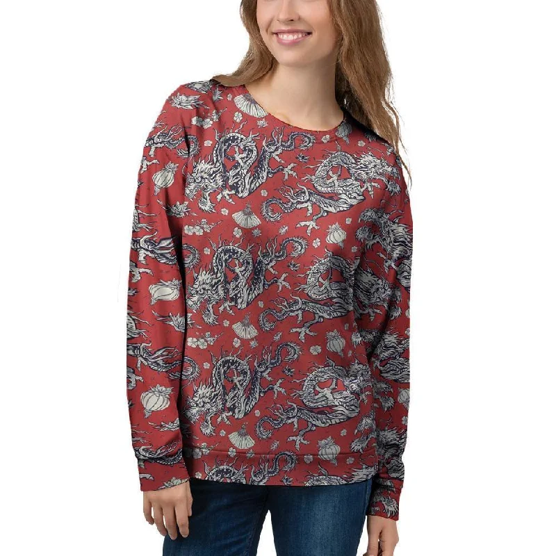 Red Chinese Dragon Floral Print Women's Sweatshirt Hoodie with Hem Ribbing Snug Secure Red Chinese Dragon Floral Print Women's Sweatshirt Hoodie with Hem Ribbing Snug Secure