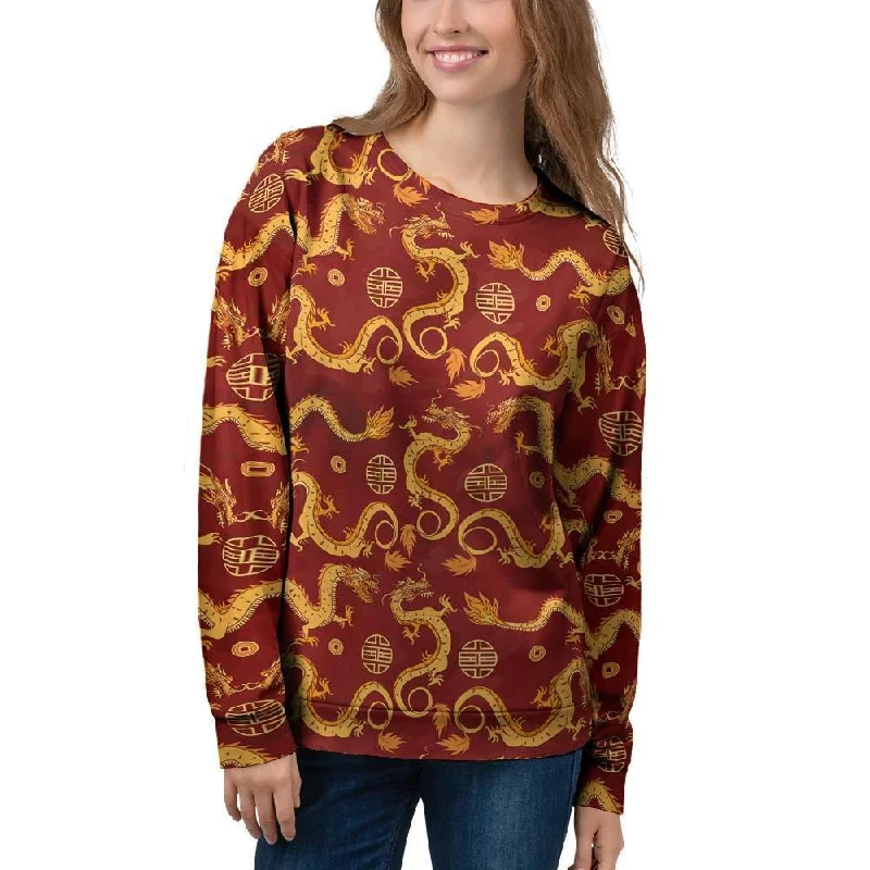 Red Chinese Dragon Women's Sweatshirt Hoodie with Front Slit Layering Stylish