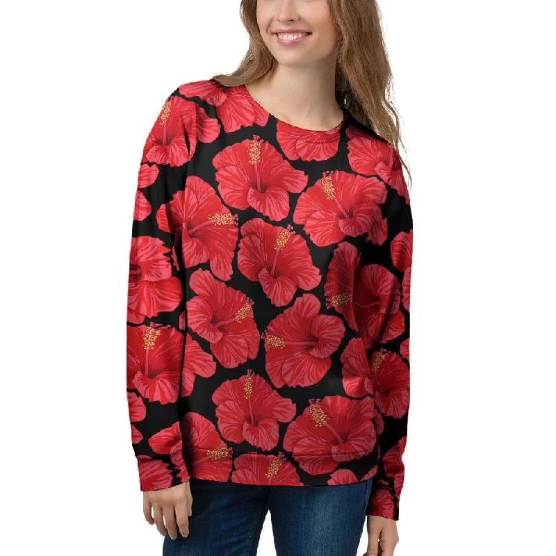 Red Hibiscus Flower Hawaiian Print Women's Sweatshirt Hoodie with Snap Buttons Easy Quick Red Hibiscus Flower Hawaiian Print Women's Sweatshirt Hoodie with Snap Buttons Easy Quick