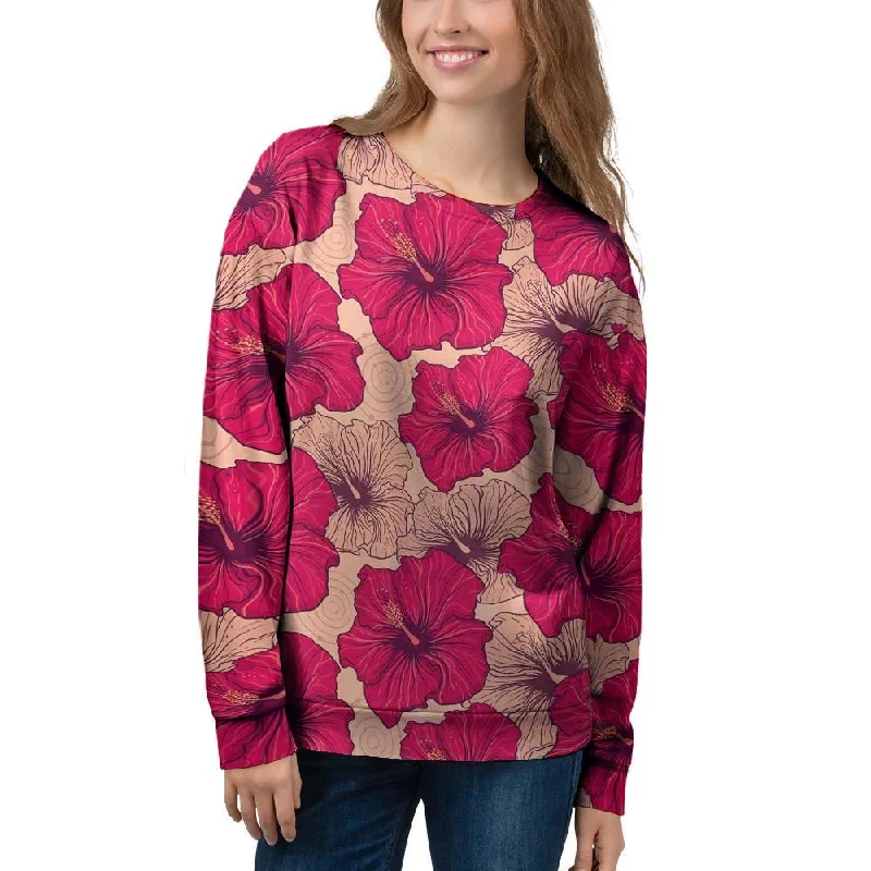 Red Hibiscus Flower Print Women's Sweatshirt Hoodie with Exposed Zipper Edgy Industrial Red Hibiscus Flower Print Women's Sweatshirt Hoodie with Exposed Zipper Edgy Industrial