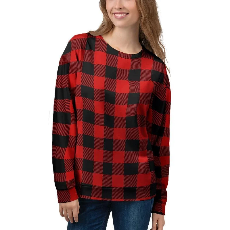 Red Plaid Women's Sweatshirt Hoodie with Rolled Sleeves Casual Relaxed