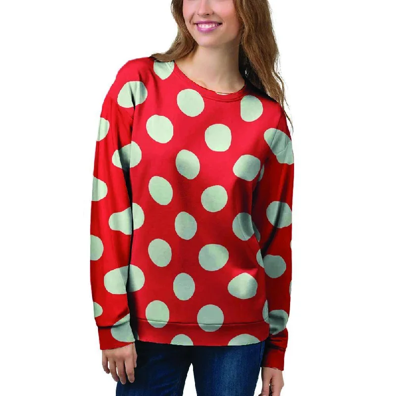 Red Polka Dot Women's Sweatshirt Hoodie with Frayed Bohemian Relaxed