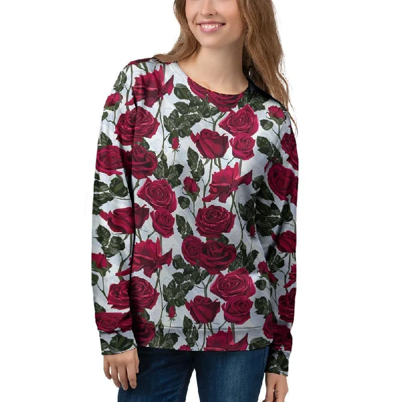 Red Rose Flower Print Women's Sweatshirt Hoodie with Rhinestones Sparkly Elegant