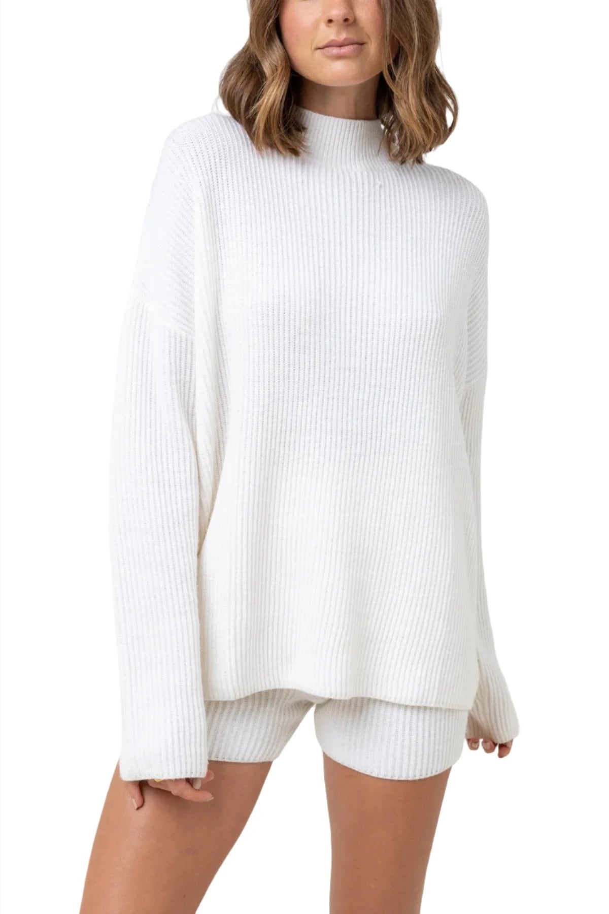 RHYTHM Women's Classic Knit Jumper Cream Toggled Drawstring Belted