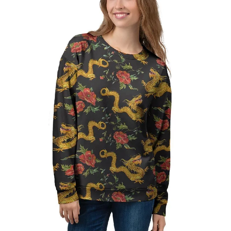 Rose Floral Golden Dragon Print Women's Sweatshirt Graphic Hoodie Design Print
