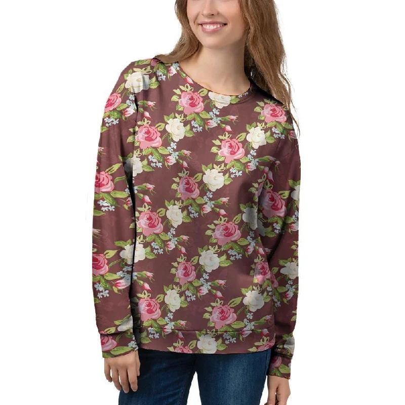 Rose Floral Print Women's Sweatshirt Zip Hoodie Drawstring Kangaroo Pocket