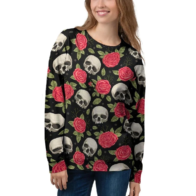 Rose Skull Women's Sweatshirt Hoodie with Hem Frayed Vintage Worn