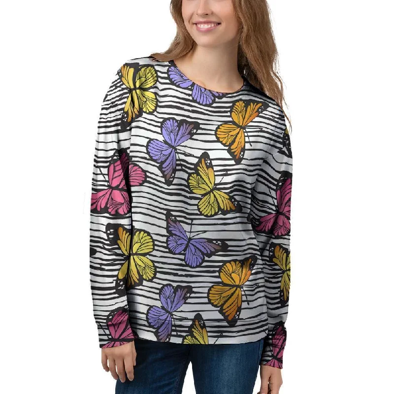 Striped Butterfly Print Women's Sweatshirt Hoodie with Ribbed Cuffs Snug Fit Comfort