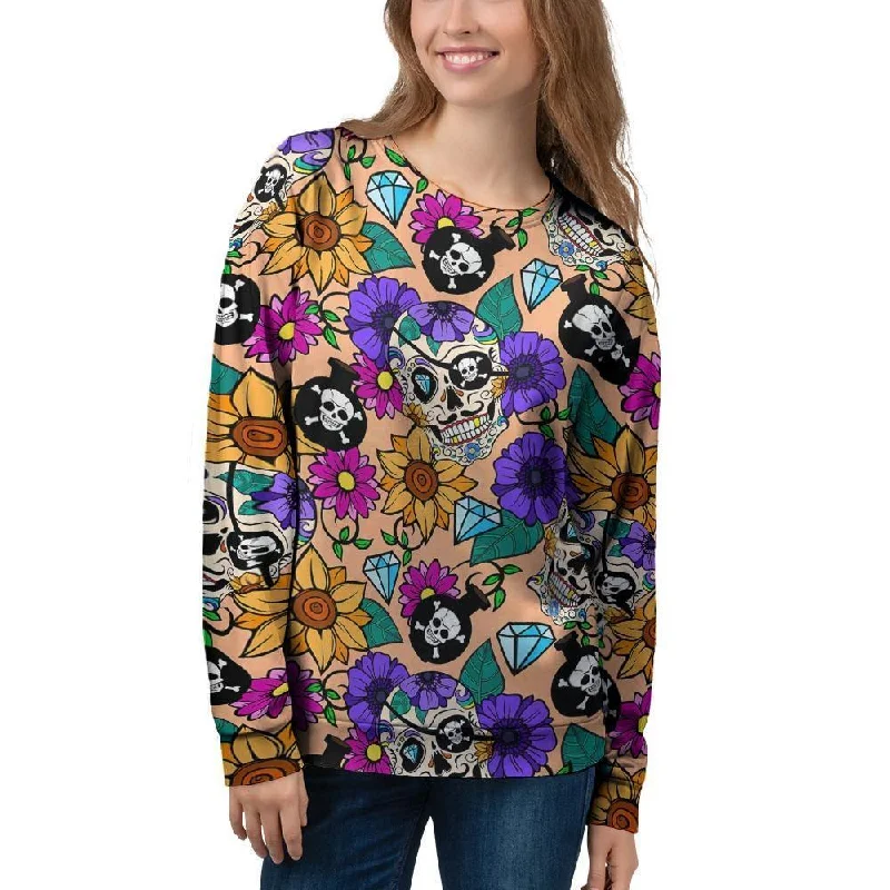 Sugar Skull Flower Women's Sweatshirt Hoodie Dress Longline Feminine
