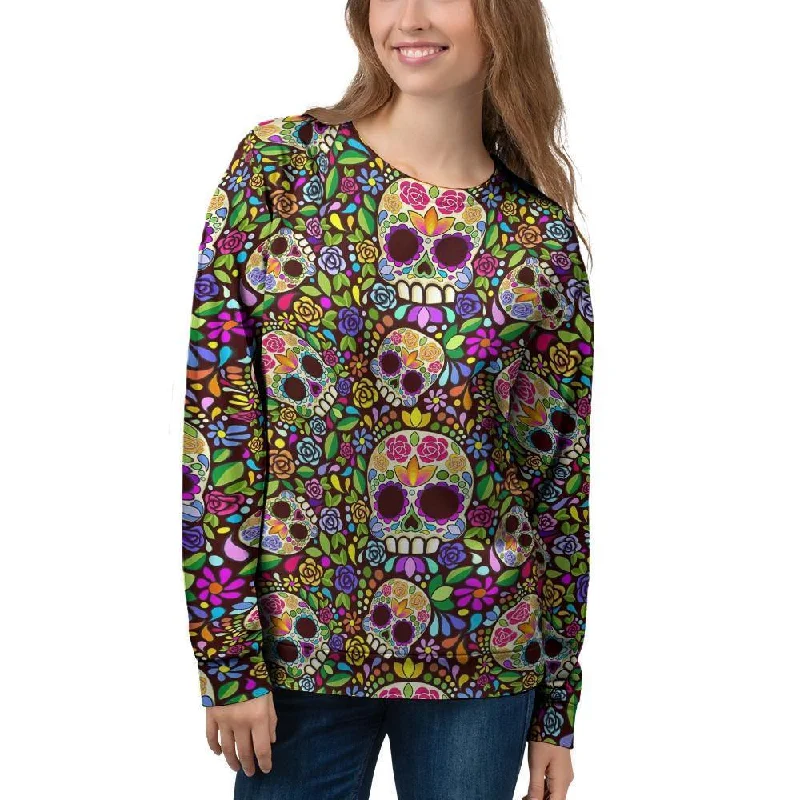 Sugar Skull Mexican Floral Women's Sweatshirt Zip Hoodie Drawstring Kangaroo Pocket