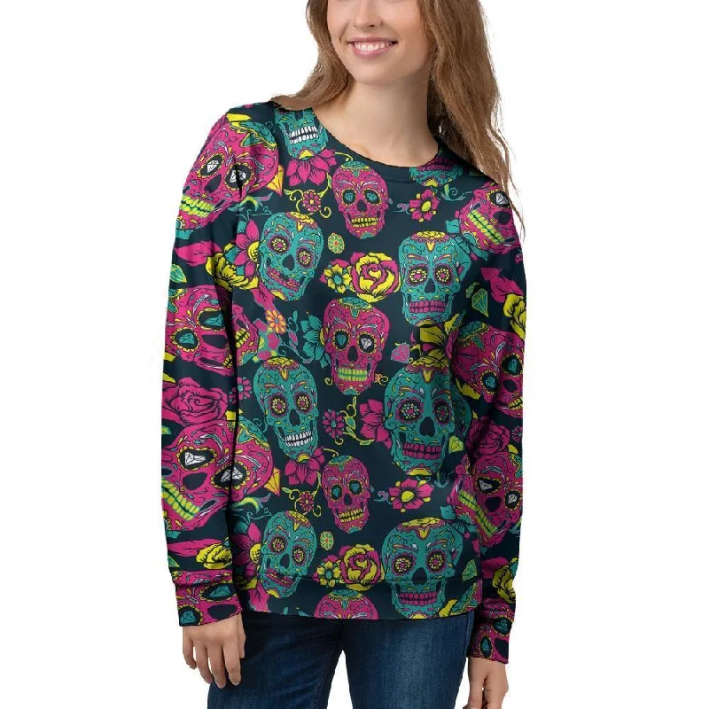 Sugar Skull Print Women's Sweatshirt Hoodie with Hem Raw Edge Edgy Unfinished