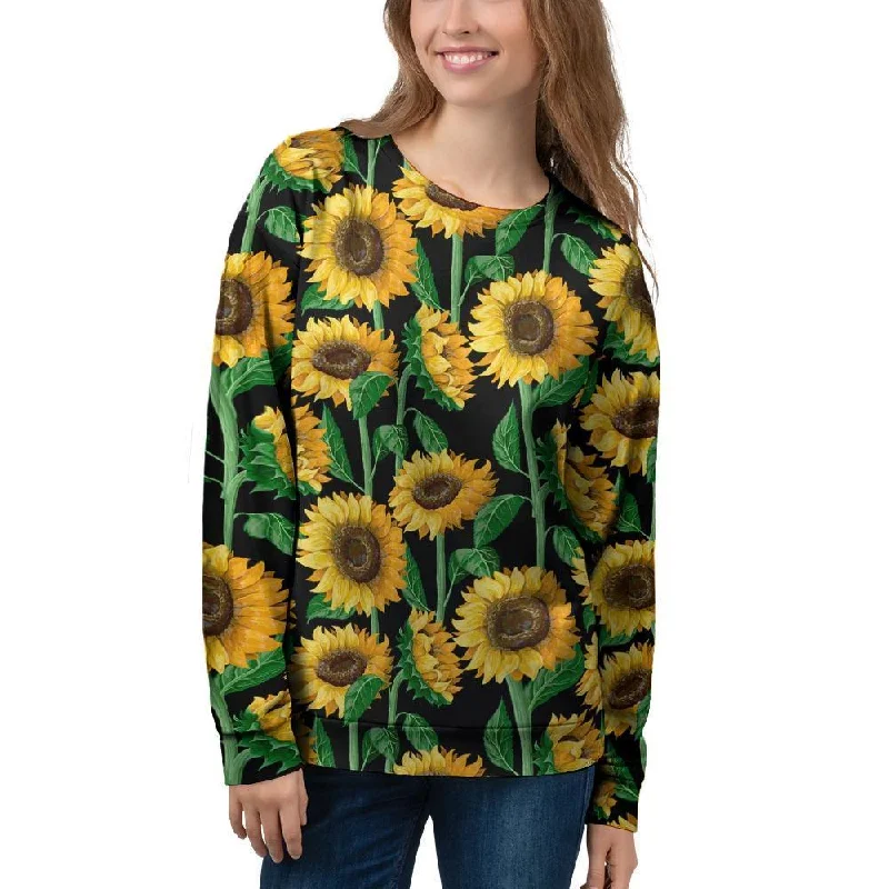 Sunflower Black Print Women's Sweatshirt Hoodie with Hem Fringe Bohemian Relaxed