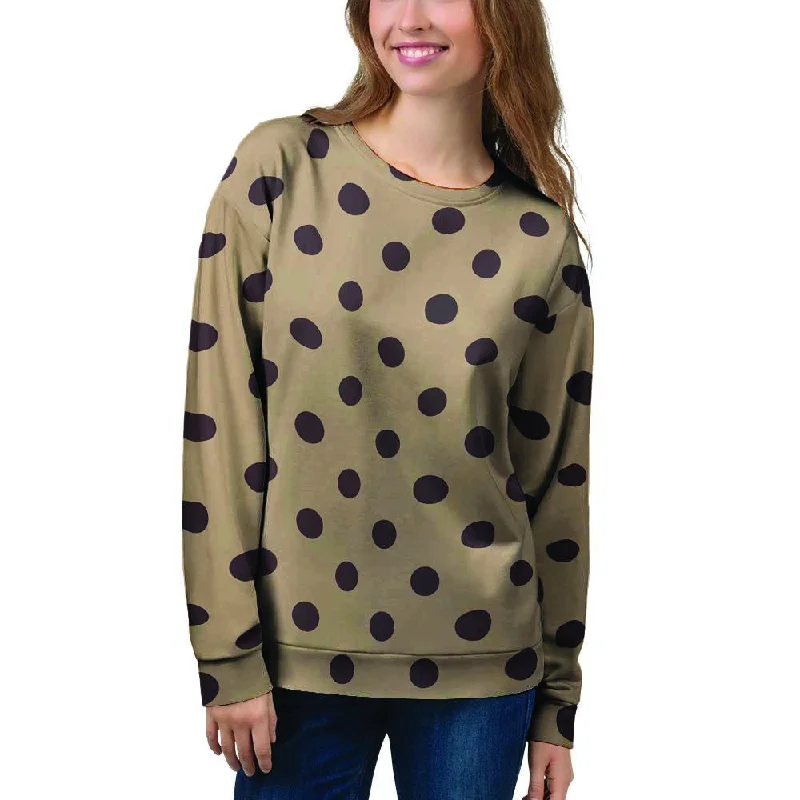 Tan And Black Tiny Polka Dot Women's Sweatshirt Hoodie with Frayed Bohemian Relaxed